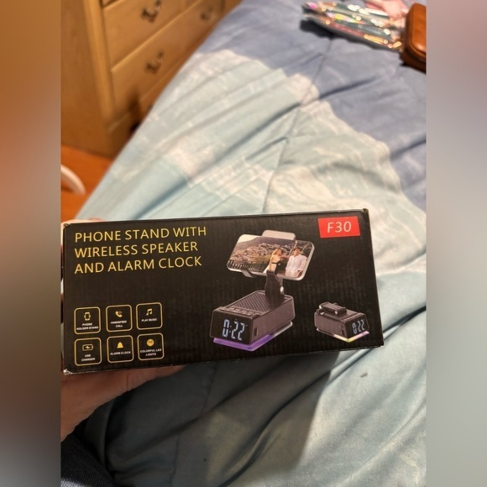 F30 Black Phone Stand with Wireless Speaker and Alarm Clock